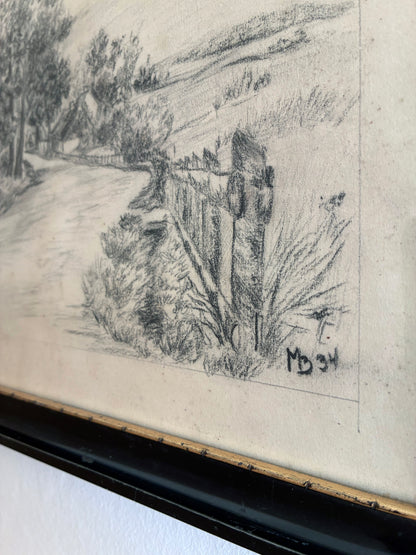 Vintage Original Farmhouse Drawing, 1934 Cottage Countryside Art