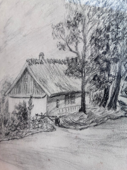Vintage Original Farmhouse Drawing, 1934 Cottage Countryside Art