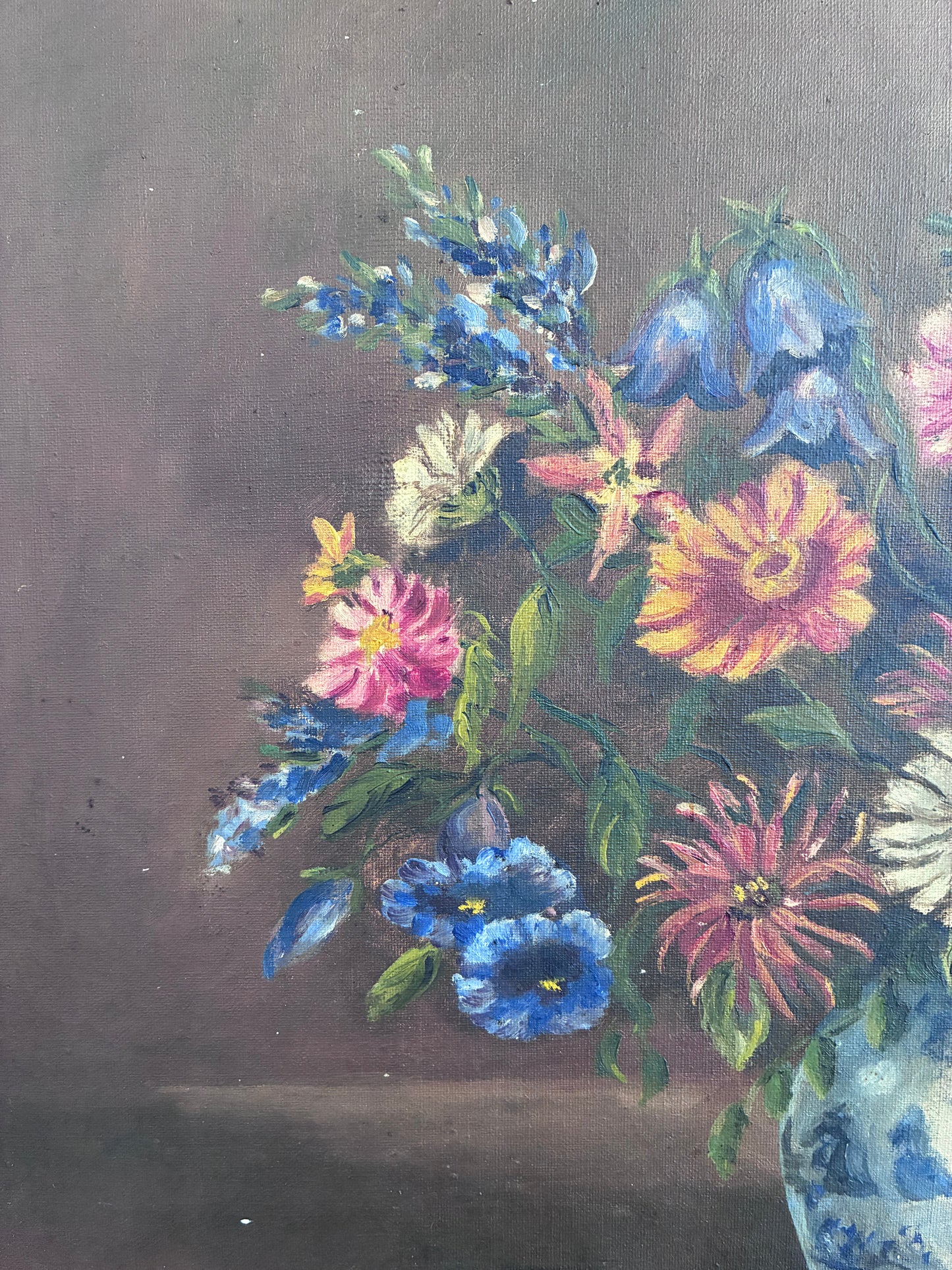 Vintage Original Floral Oil Painting with Blue and White Vase