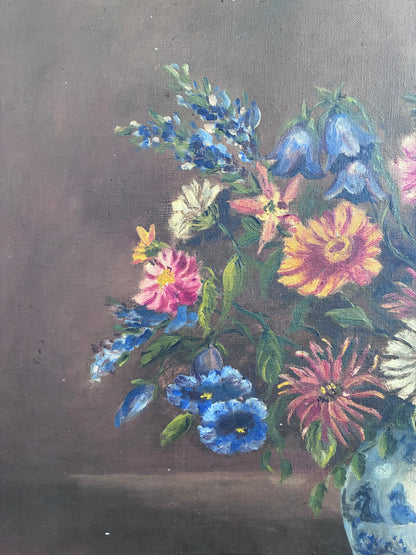Vintage Original Floral Oil Painting with Blue and White Vase