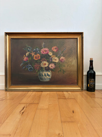 Vintage Original Floral Oil Painting with Blue and White Vase