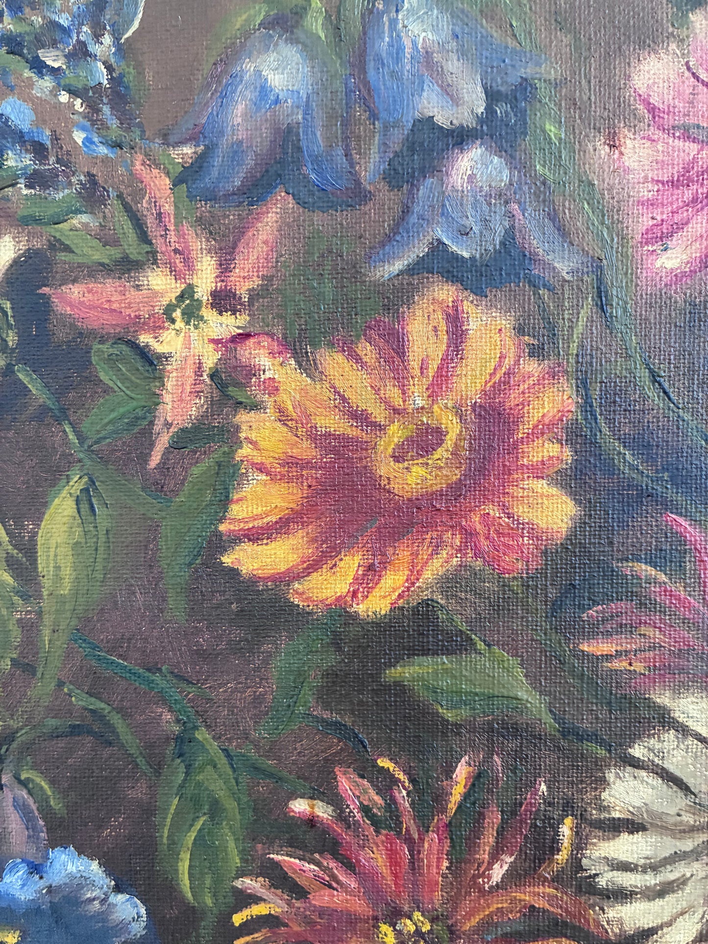 Vintage Original Floral Oil Painting with Blue and White Vase