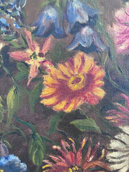 Vintage Original Floral Oil Painting with Blue and White Vase