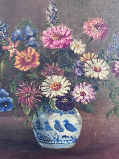 Vintage Original Floral Oil Painting with Blue and White Vase