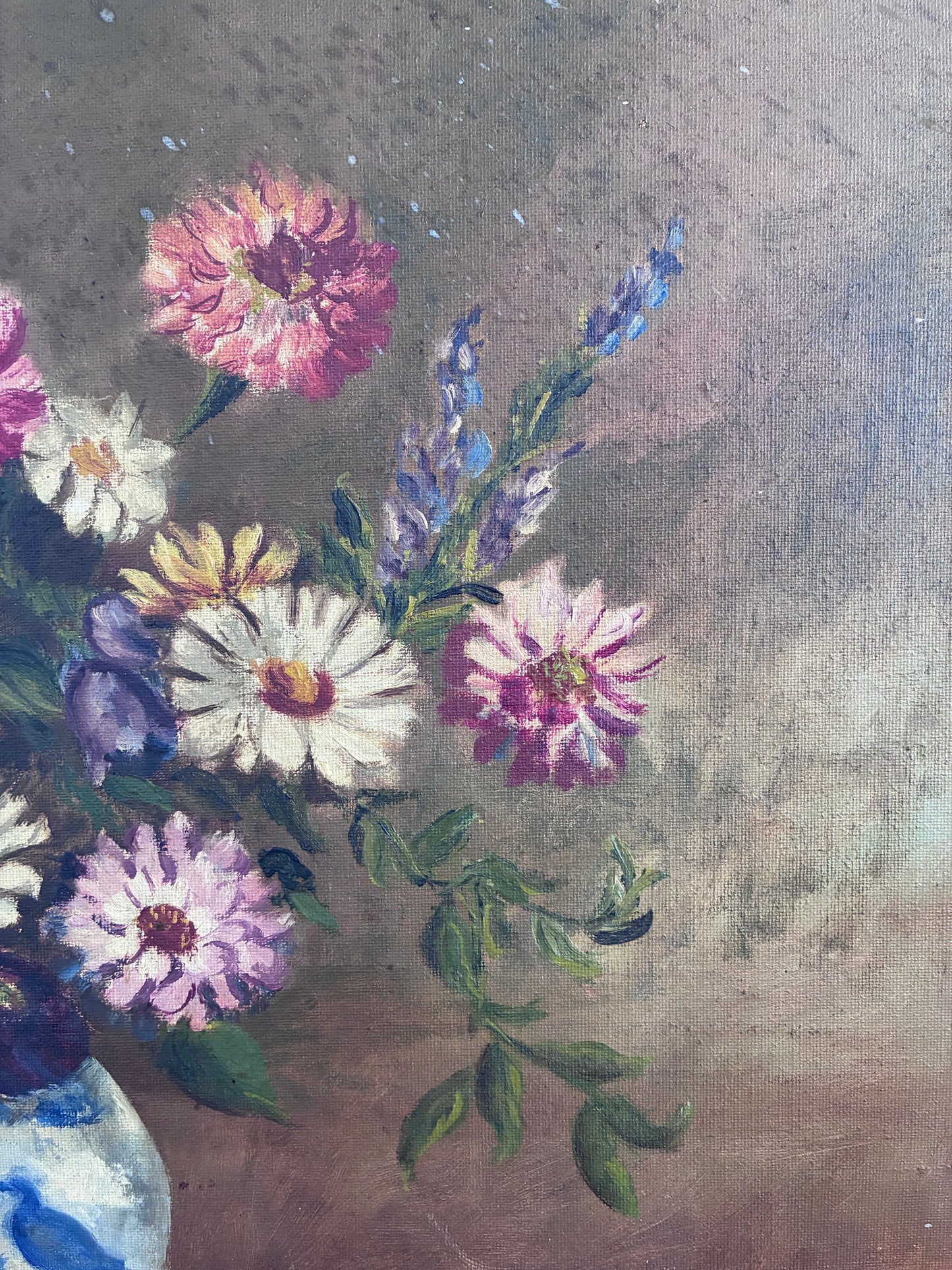 Vintage Original Floral Oil Painting with Blue and White Vase