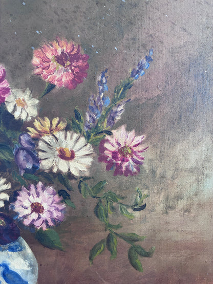 Vintage Original Floral Oil Painting with Blue and White Vase