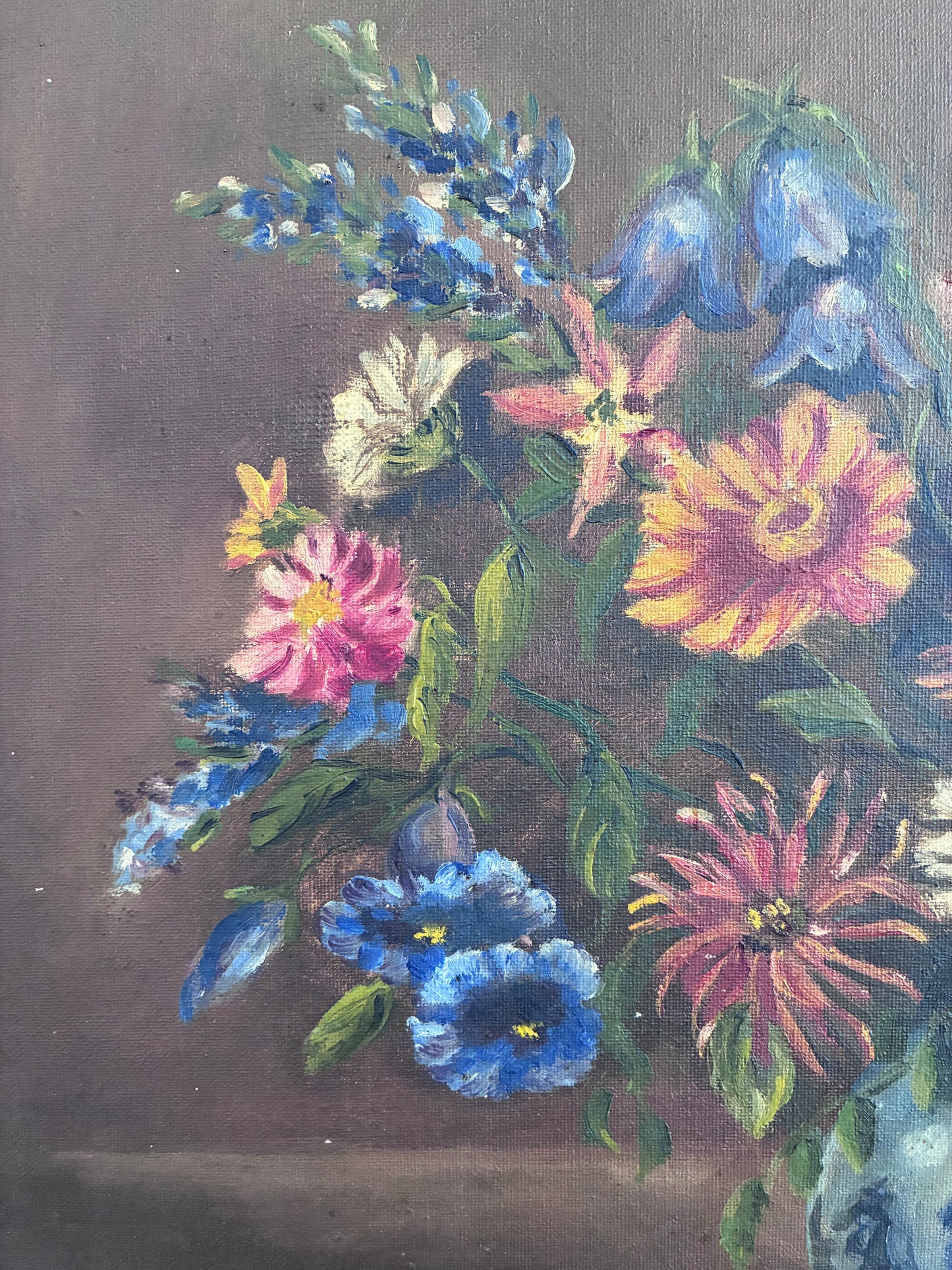 Vintage Original Floral Oil Painting with Blue and White Vase