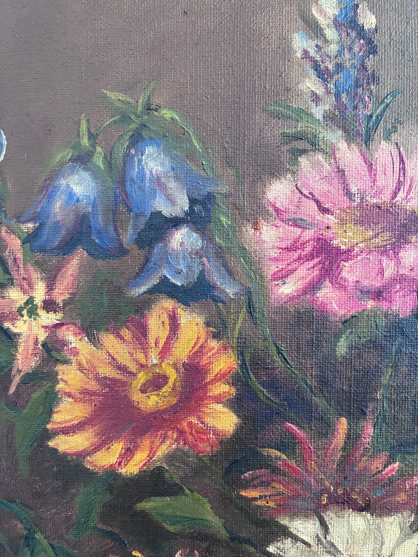 Vintage Original Floral Oil Painting with Blue and White Vase