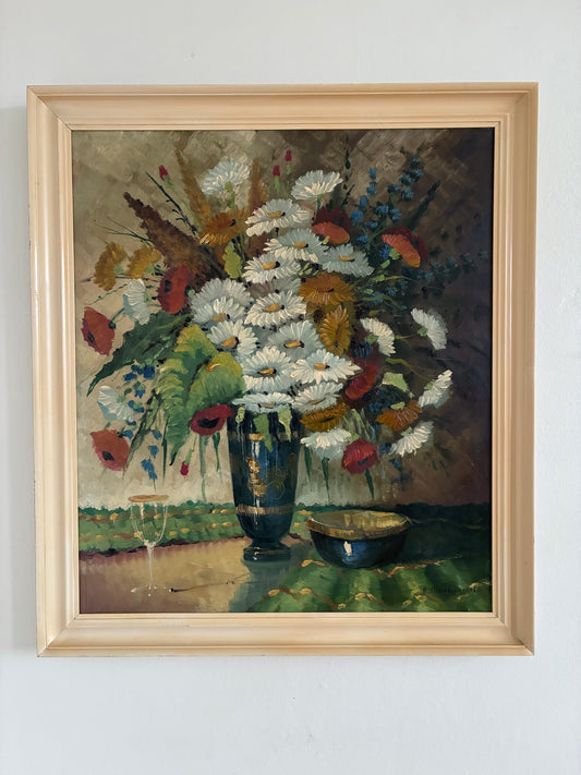 Vintage Original Floral Oil Painting with Wildflowers in Blue Vase