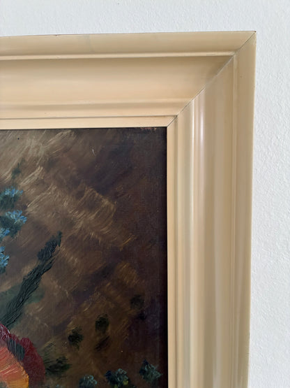 Vintage Original Floral Oil Painting with Wildflowers in Blue Vase