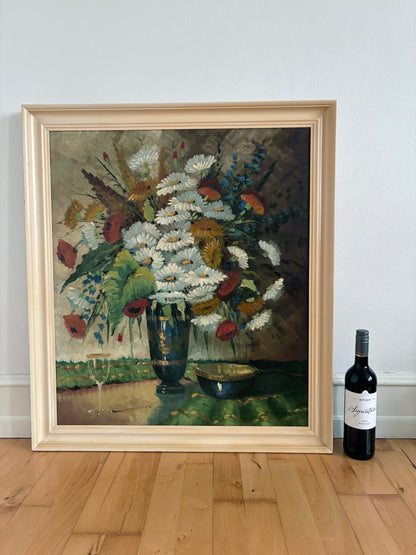 Vintage Original Floral Oil Painting with Wildflowers in Blue Vase