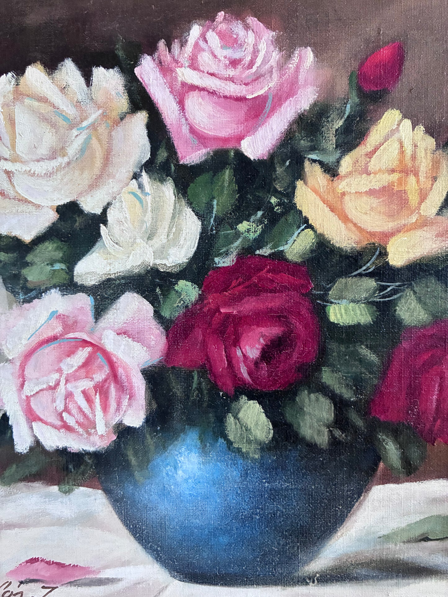 Framed Vintage Original Floral Oil Painting, Signed Flower Art, cream frame