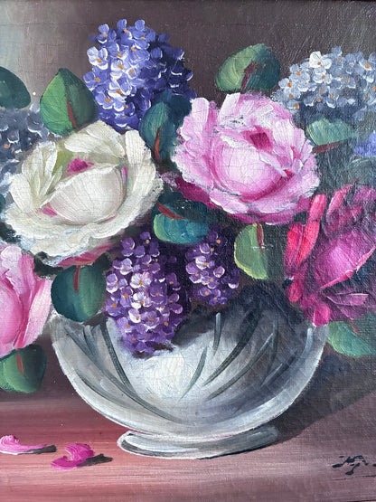 Vintage Original Flower Still Life Oil Painting, ca. 1960