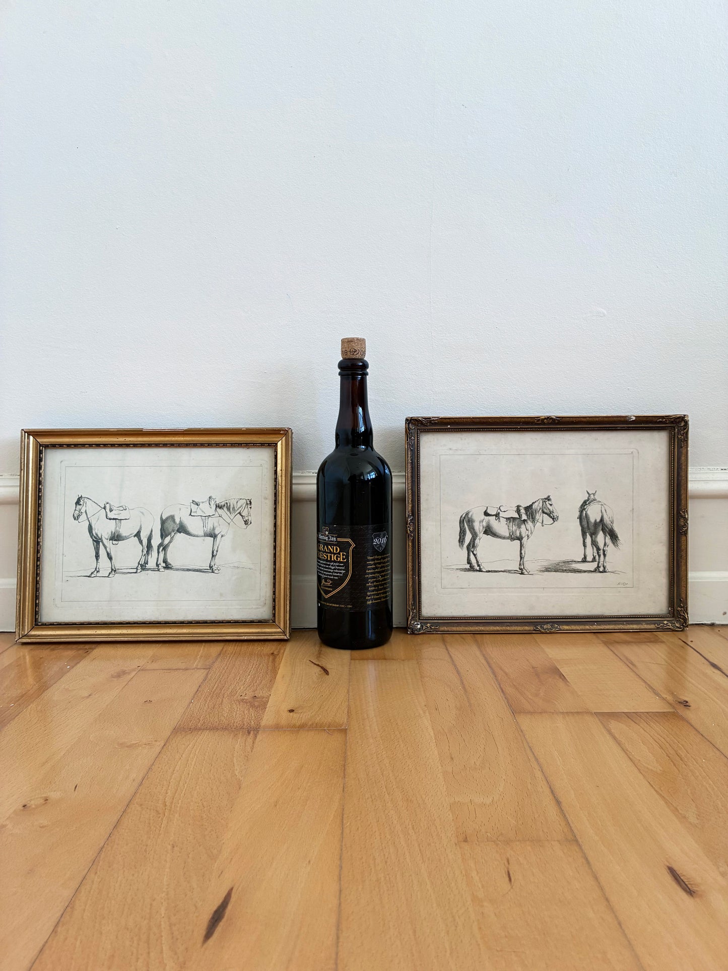 Pair of Antique Original Horse Etchings, circa 1700, Framed Equestrian Prints