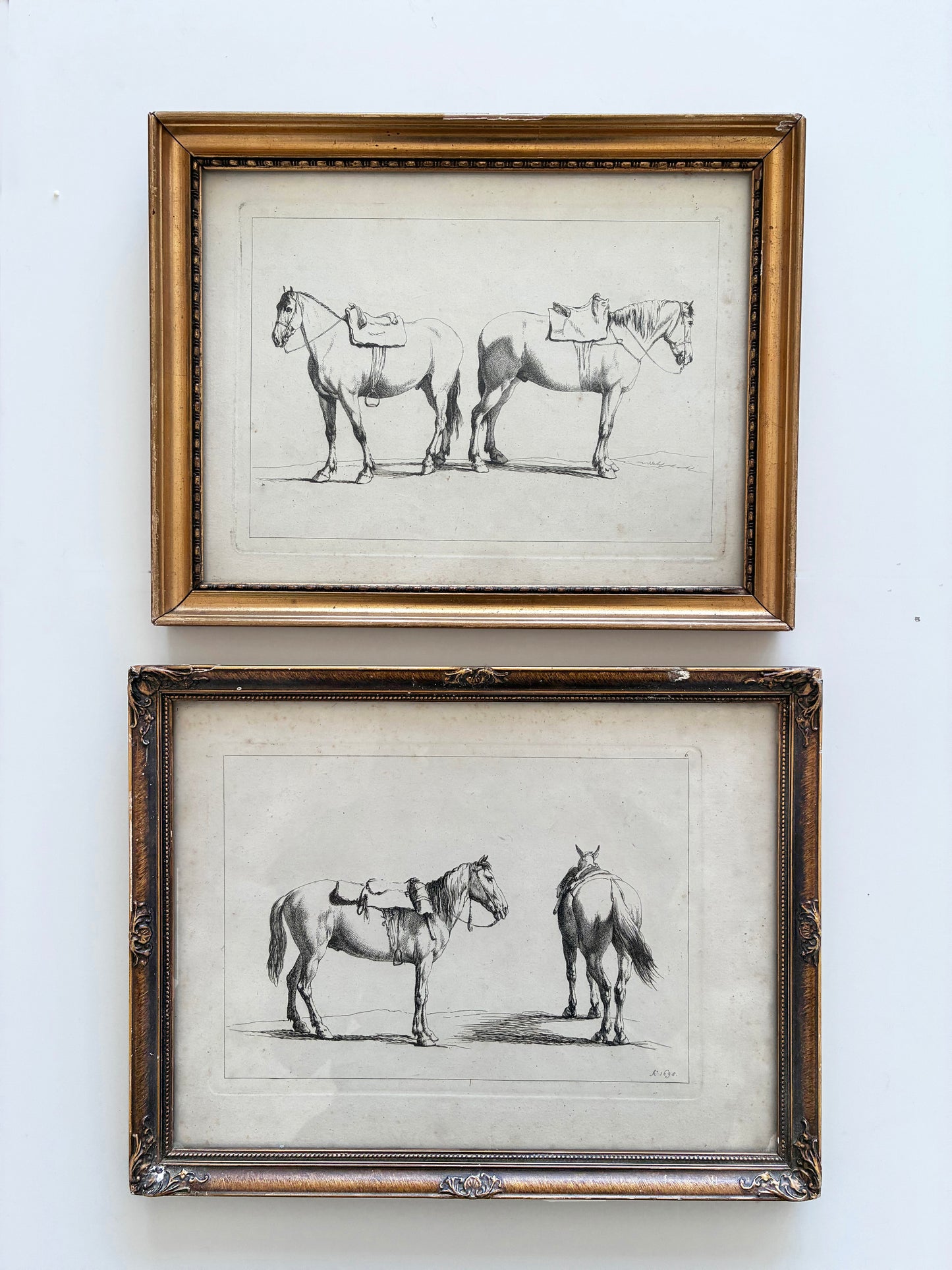 Pair of Antique Original Horse Etchings, circa 1700, Framed Equestrian Prints