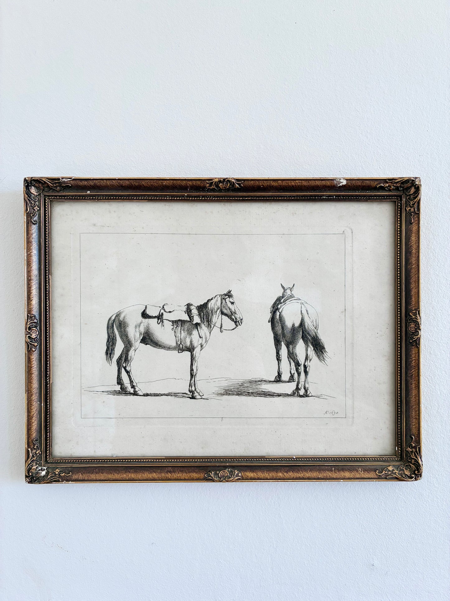 Pair of Antique Original Horse Etchings, circa 1700, Framed Equestrian Prints