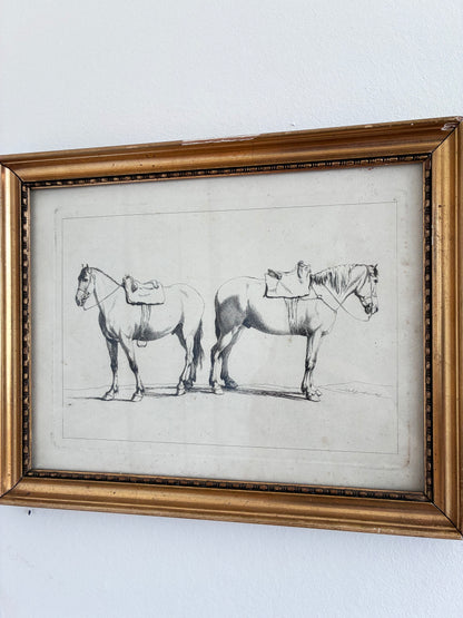 Pair of Antique Original Horse Etchings, circa 1700, Framed Equestrian Prints