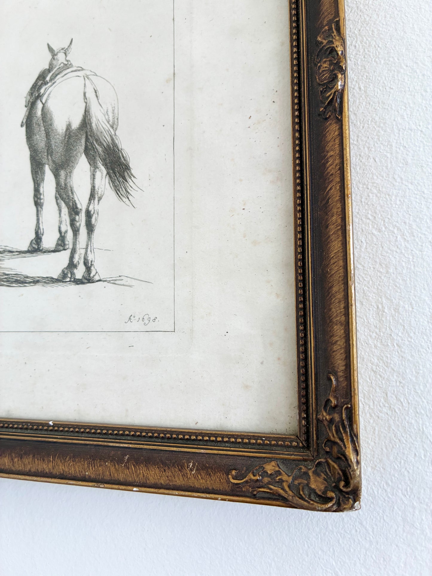 Pair of Antique Original Horse Etchings, circa 1700, Framed Equestrian Prints