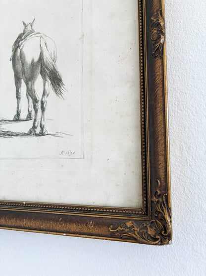 Pair of Antique Original Horse Etchings, circa 1700, Framed Equestrian Prints