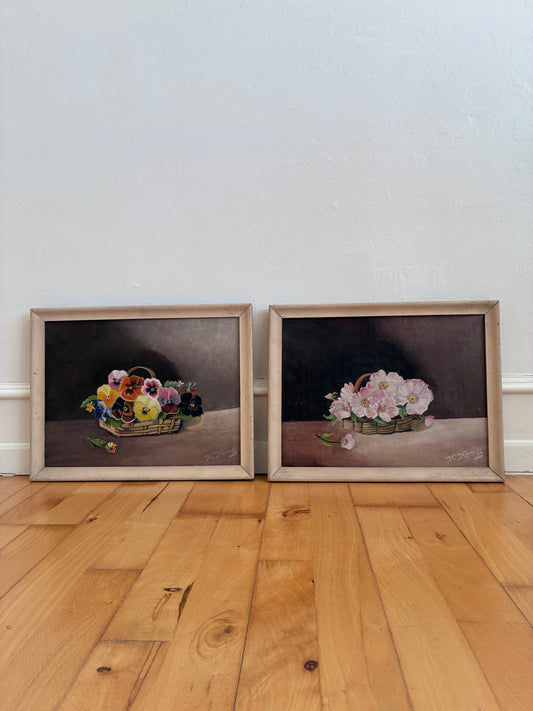 Set of Vintage Original Flower Oil Painting, Flower Still Life Pair