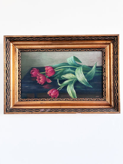 Vintage Original Flower Oil Painting, Framed Tulips Still Life Wall Art