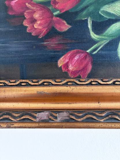 Vintage Original Flower Oil Painting, Framed Tulips Still Life Wall Art