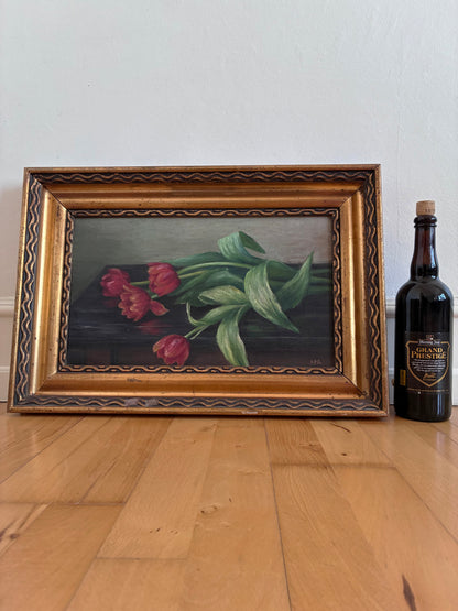 Vintage Original Flower Oil Painting, Framed Tulips Still Life Wall Art