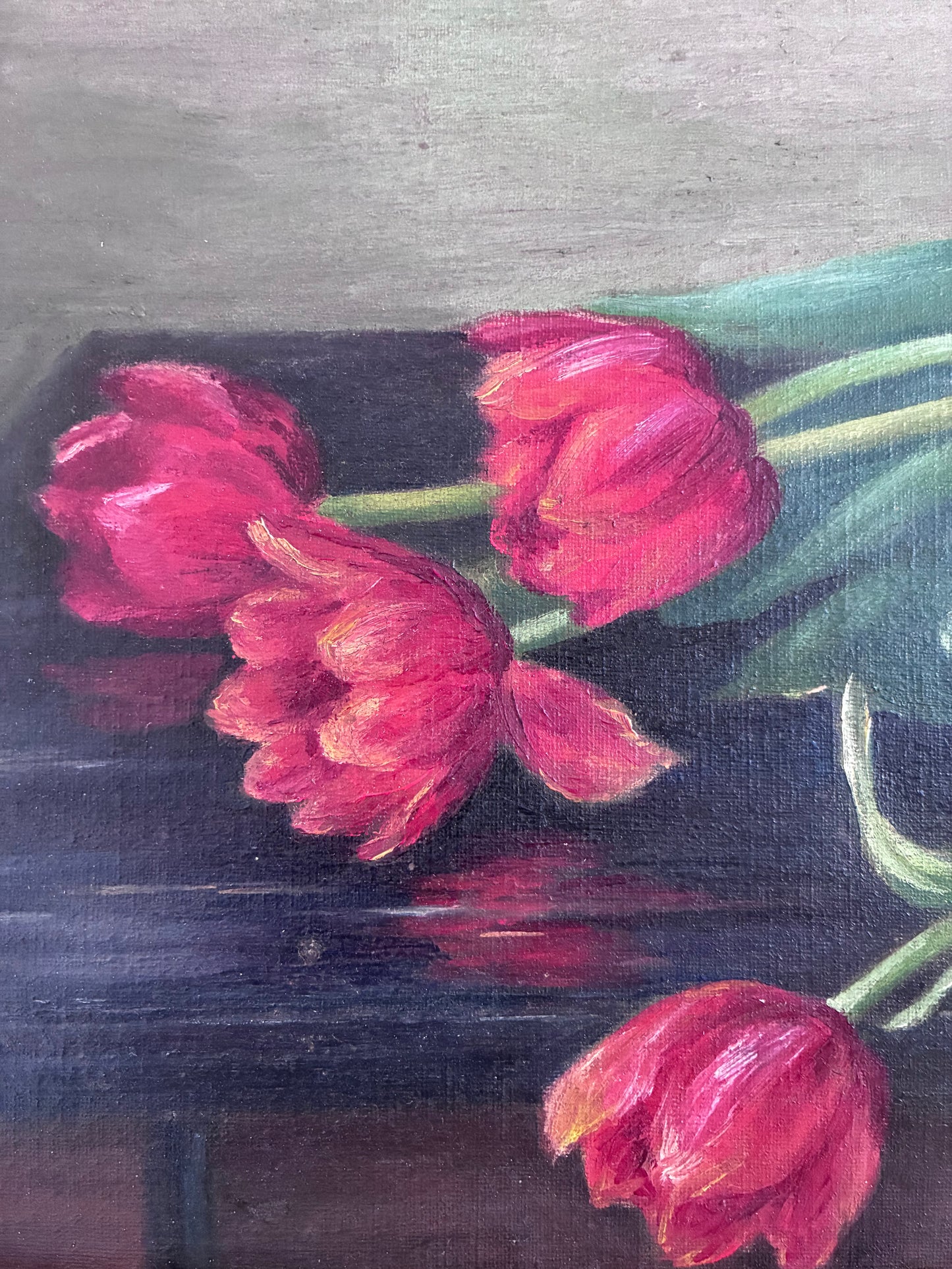 Vintage Original Flower Oil Painting, Framed Tulips Still Life Wall Art