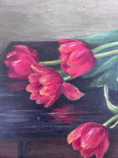 Vintage Original Flower Oil Painting, Framed Tulips Still Life Wall Art