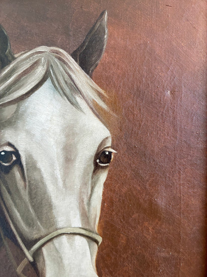 Vintage Original White Horse Oil Painting, Signed Equestrian Portrait