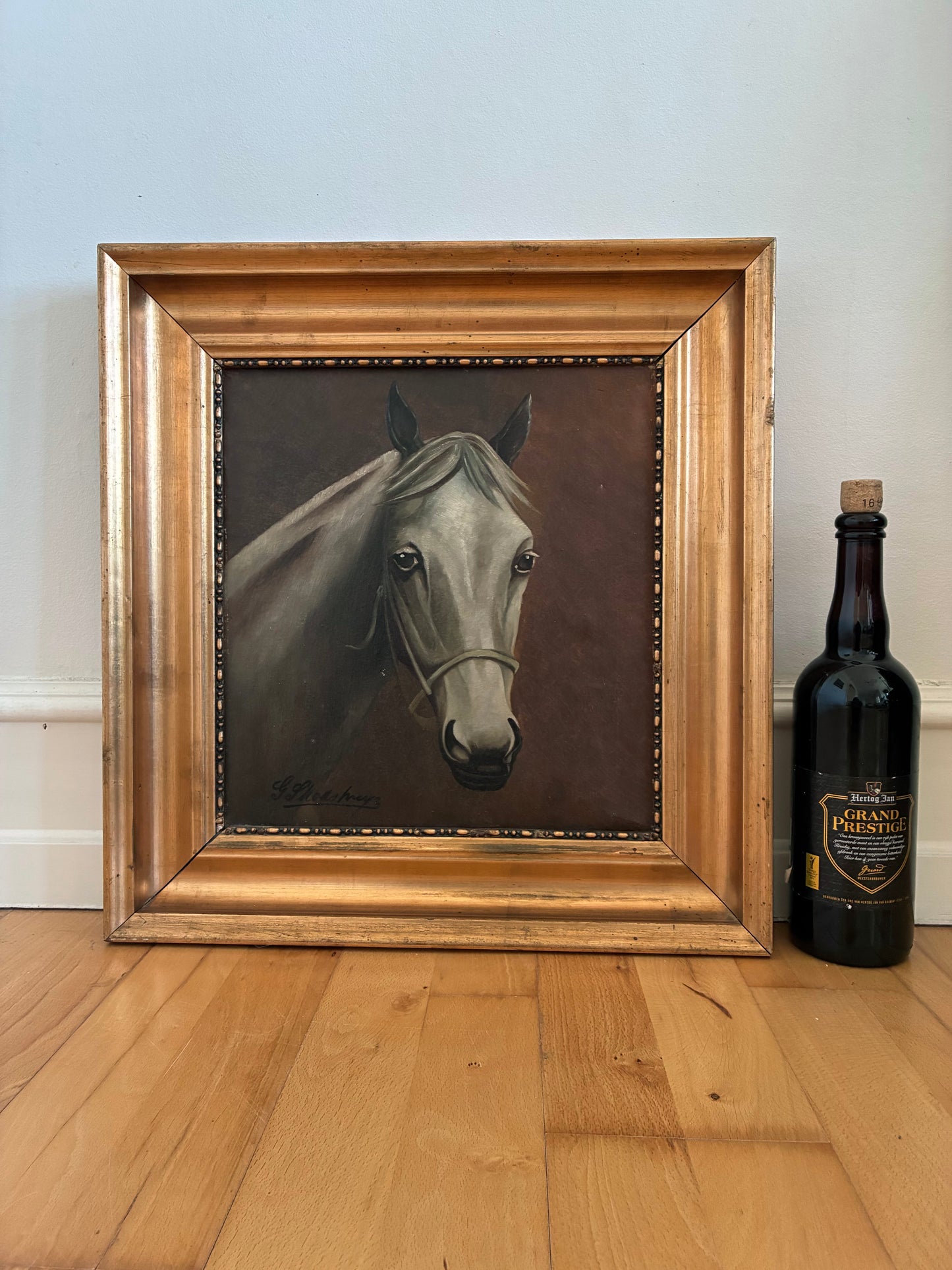Vintage Original White Horse Oil Painting, Signed Equestrian Portrait