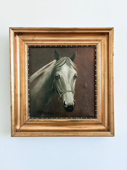 Vintage Original White Horse Oil Painting, Signed Equestrian Portrait
