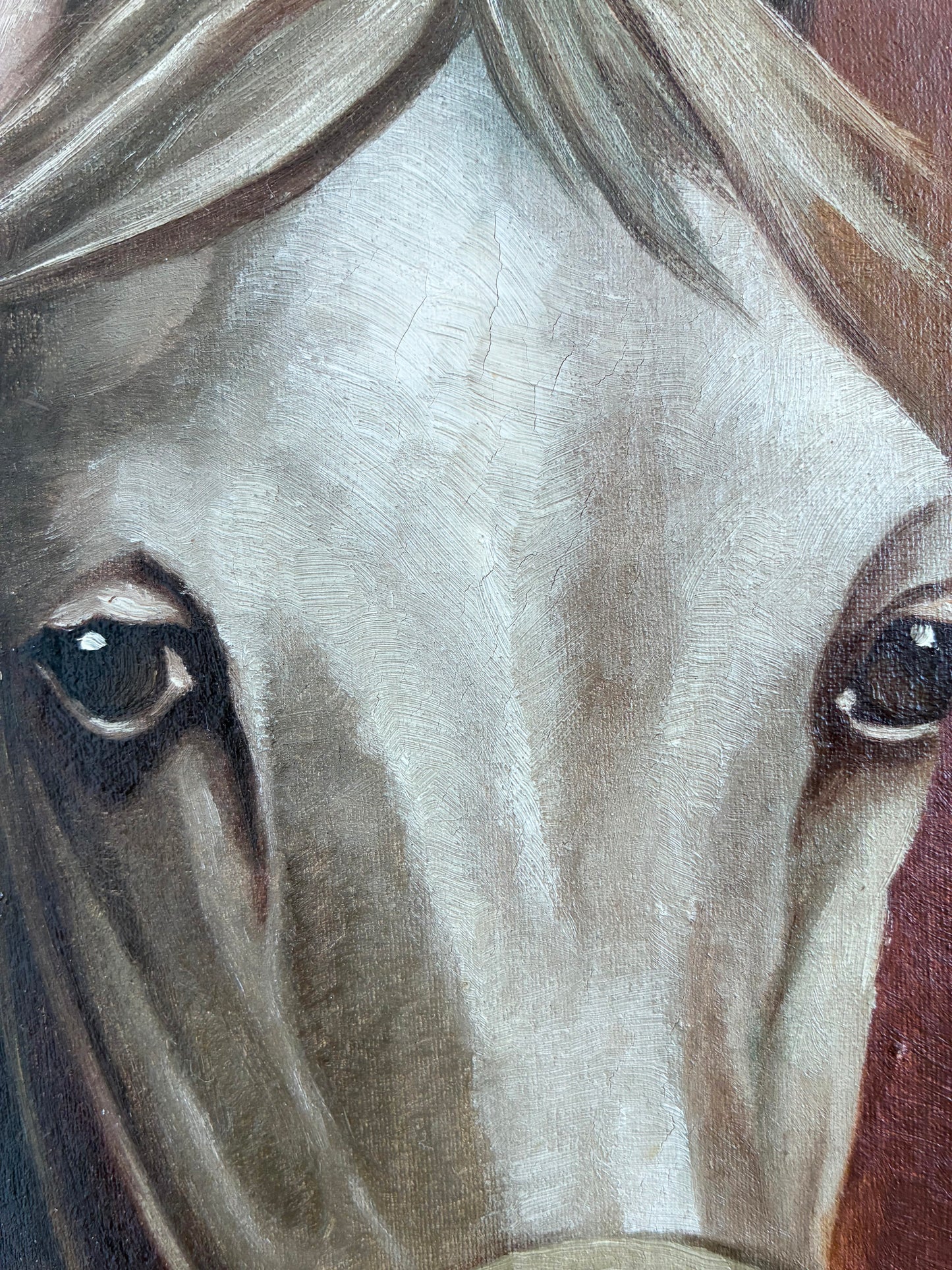 Vintage Original White Horse Oil Painting, Signed Equestrian Portrait