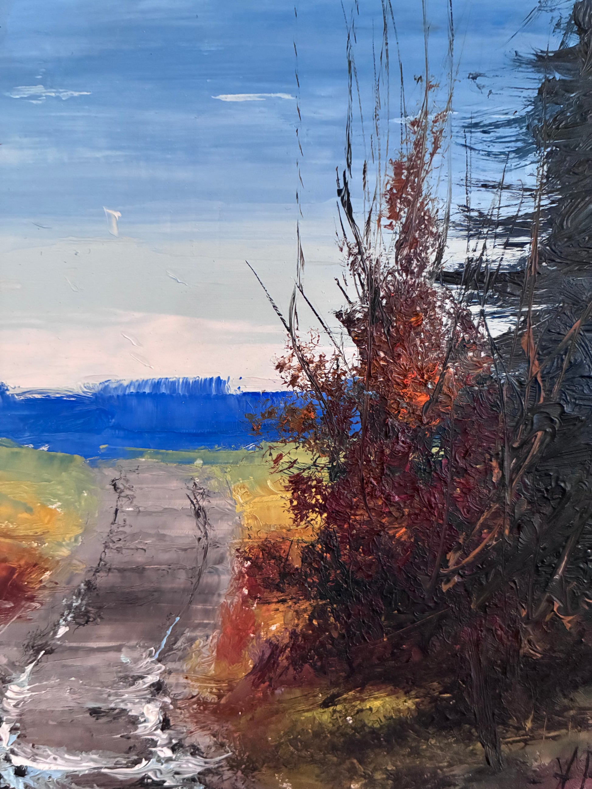 vintage Painting of a landscape with a road and trees, featuring autumn colors.