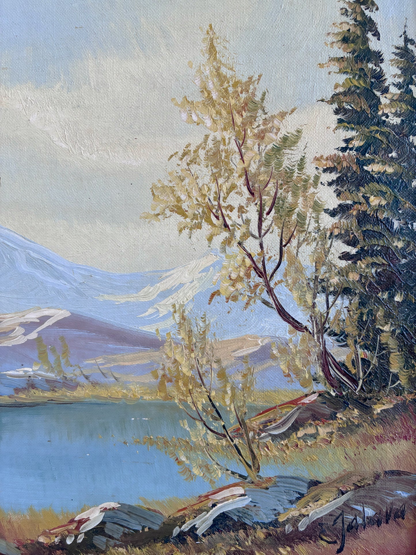 Vintage Original Landscape Oil Painting, Framed Mountain River Wall Art