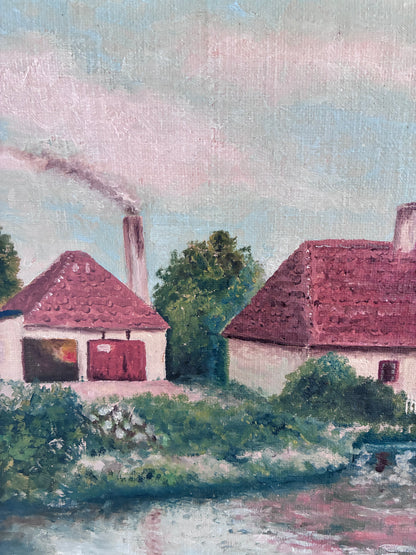 Vintage Original Landscape Oil Painting, Signed Farmhouse Art