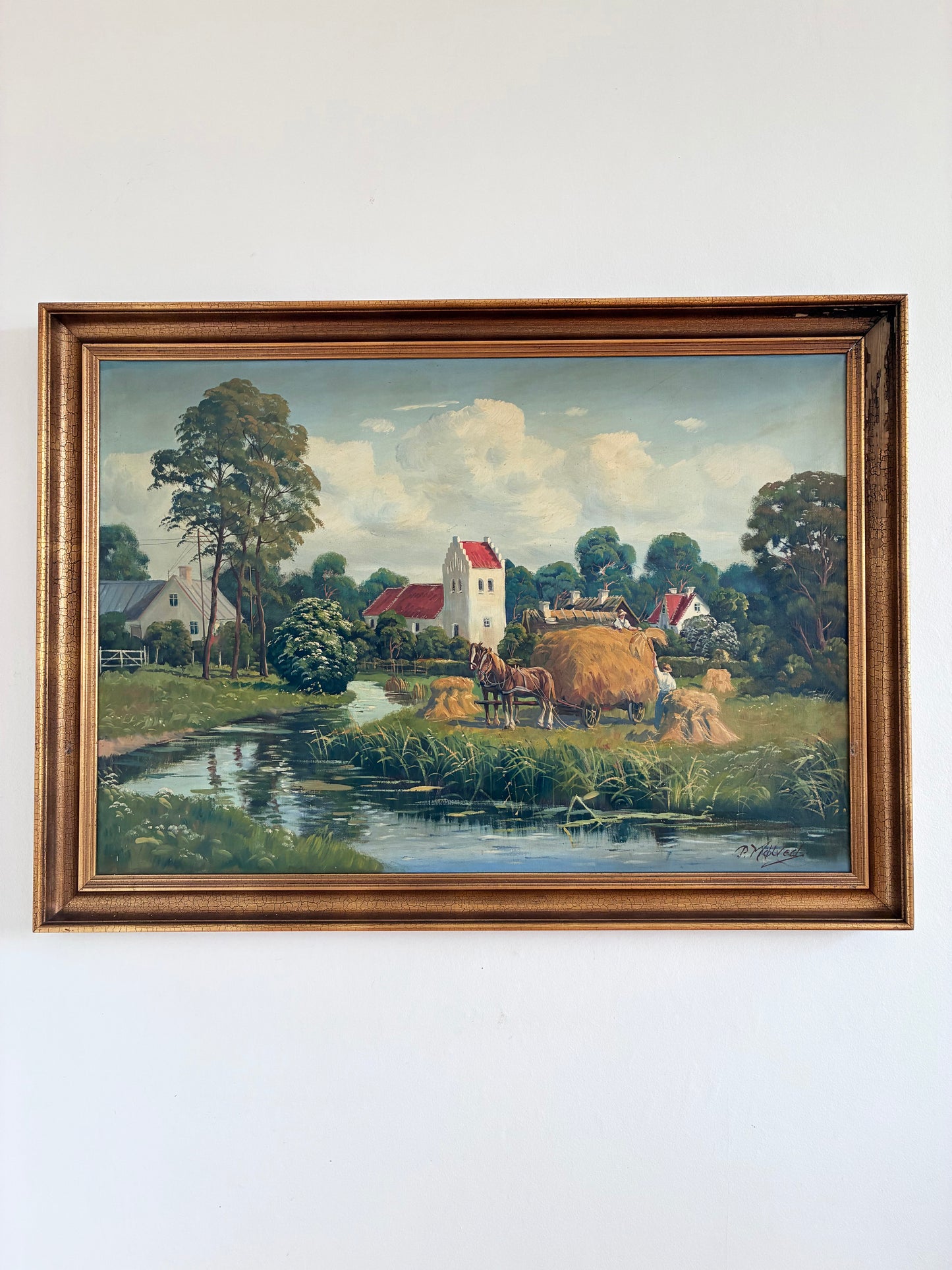 Vintage Original Large Landscape Oil Painting, Signed Countryside Art