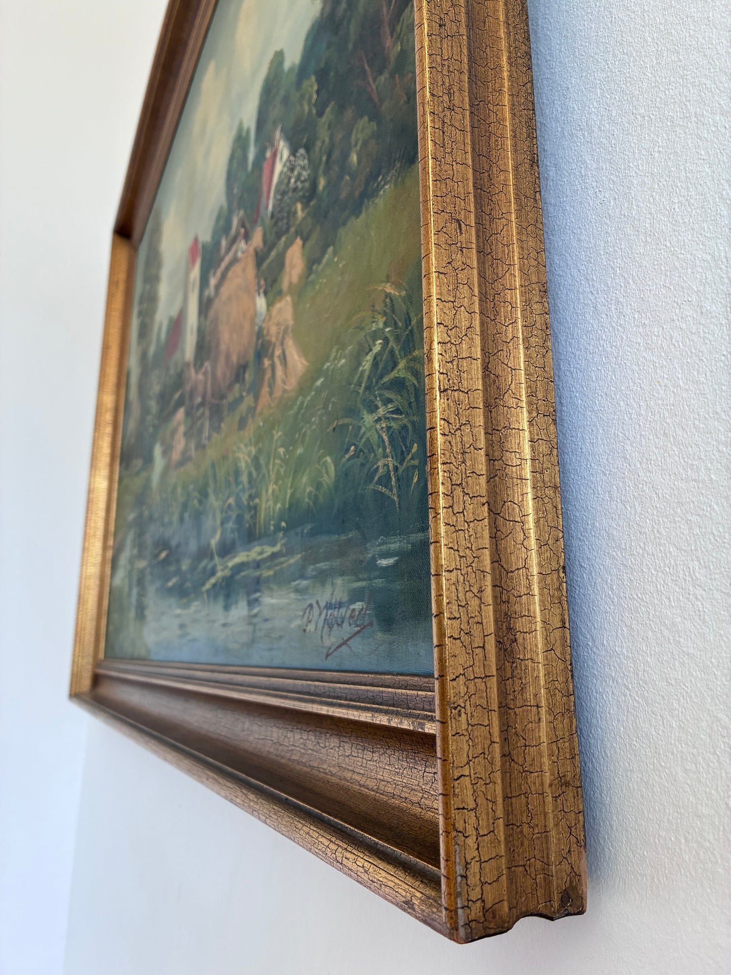 Vintage Original Large Landscape Oil Painting, Signed Countryside Art