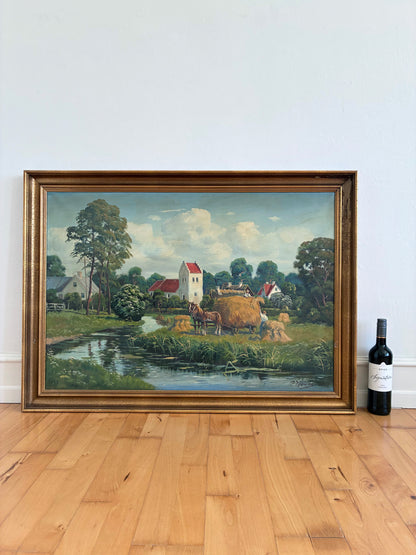 Vintage Original Large Landscape Oil Painting, Signed Countryside Art