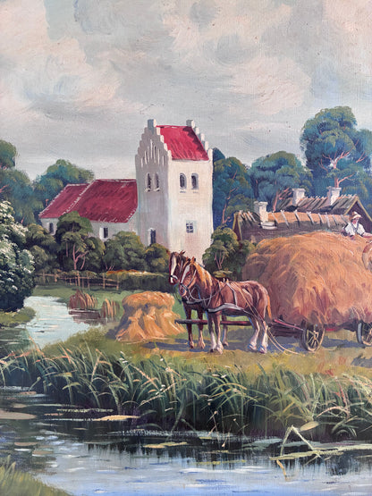 Vintage Original Large Landscape Oil Painting, Signed Countryside Art