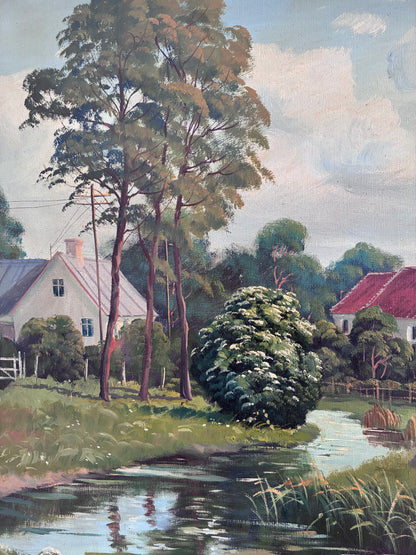 Vintage Original Large Landscape Oil Painting, Signed Countryside Art