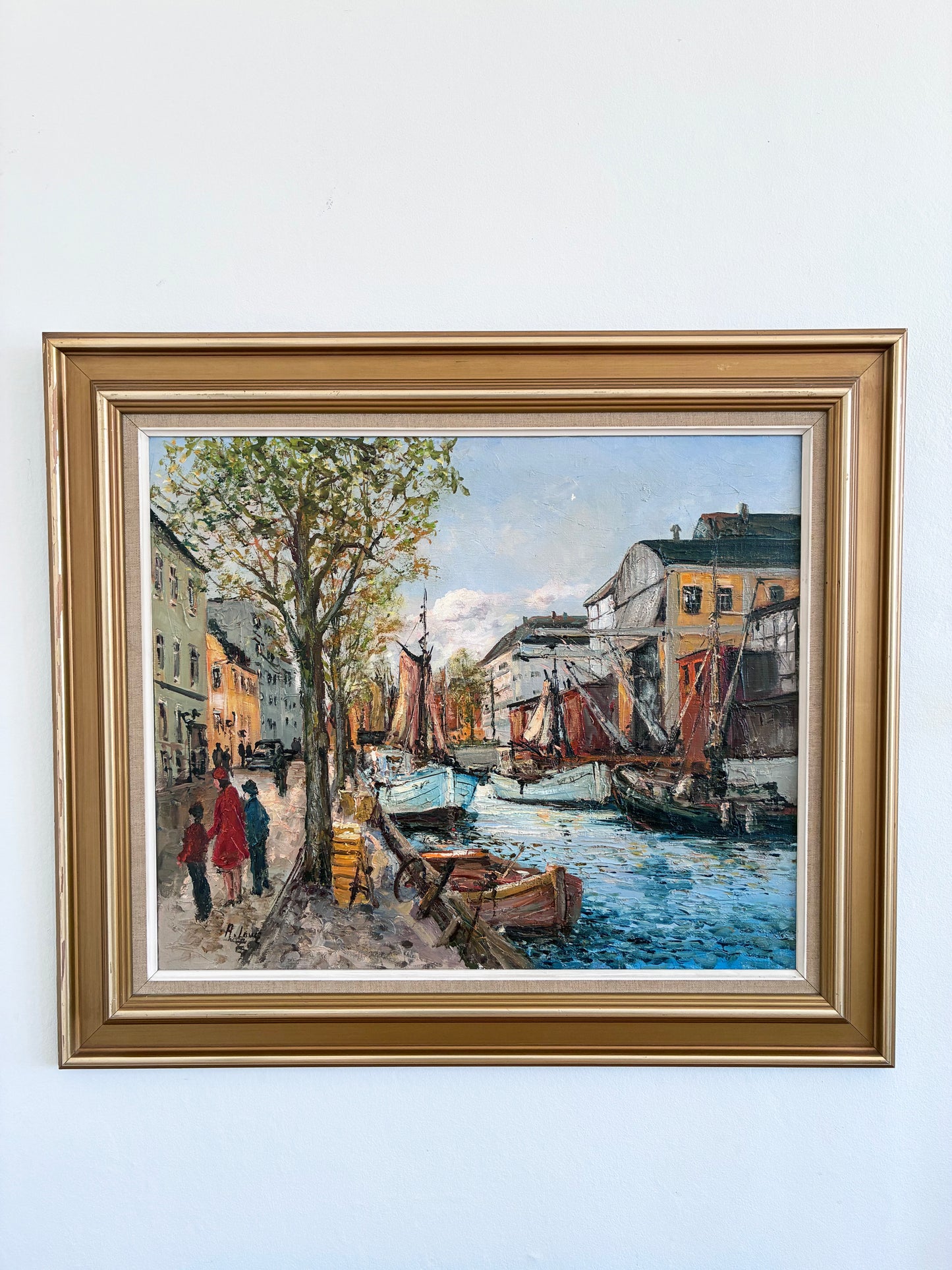 Vintage Original Oil Painting of a Canal Cityscape, circa 1970s