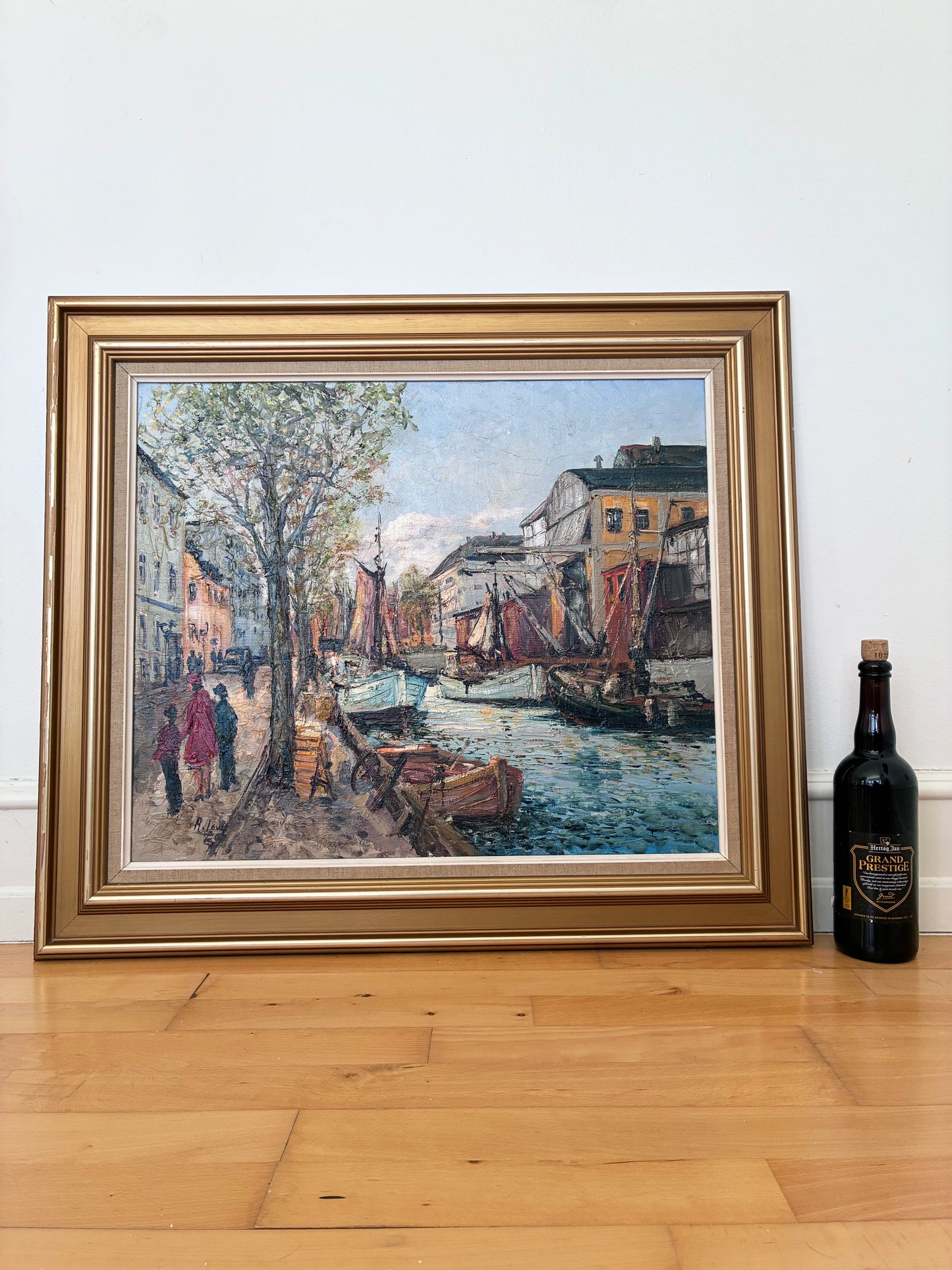 Vintage Original Oil Painting of a Canal Cityscape, circa 1970s