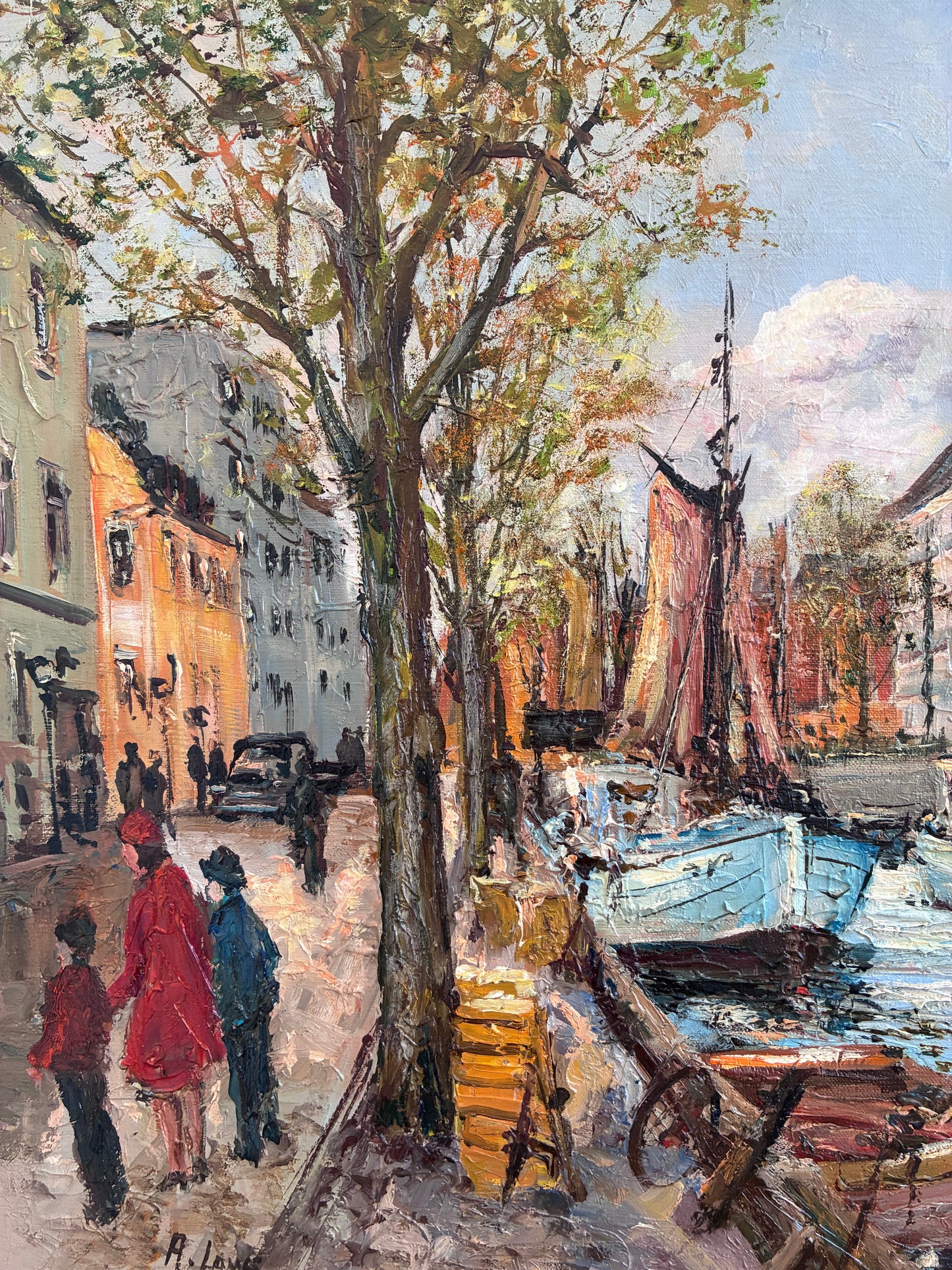 Vintage Original Oil Painting of a Canal Cityscape, circa 1970s