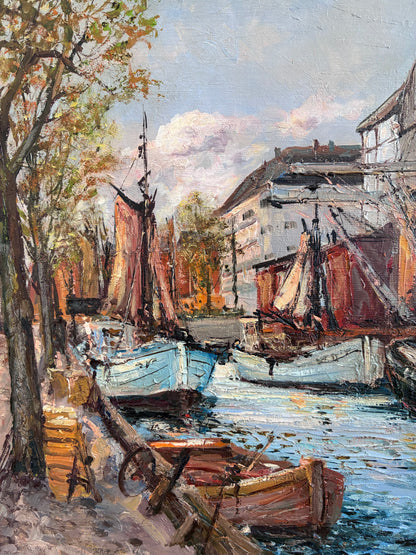 Vintage Original Oil Painting of a Canal Cityscape, circa 1970s
