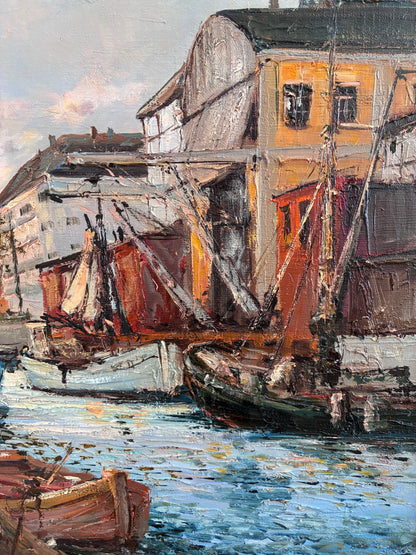Vintage Original Oil Painting of a Canal Cityscape, circa 1970s