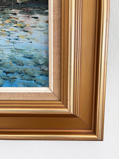 Vintage Original Oil Painting of a Canal Cityscape, circa 1970s
