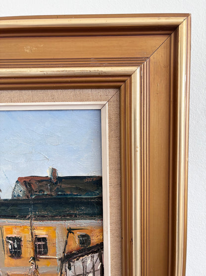 Vintage Original Oil Painting of a Canal Cityscape, circa 1970s