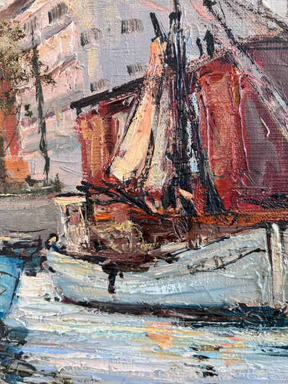 Vintage Original Oil Painting of a Canal Cityscape, circa 1970s