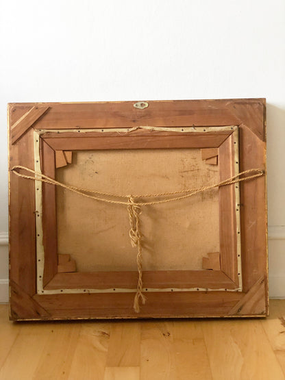 Vintage Original Oil Painting with a girl in a Cottage Interior, circa 1940